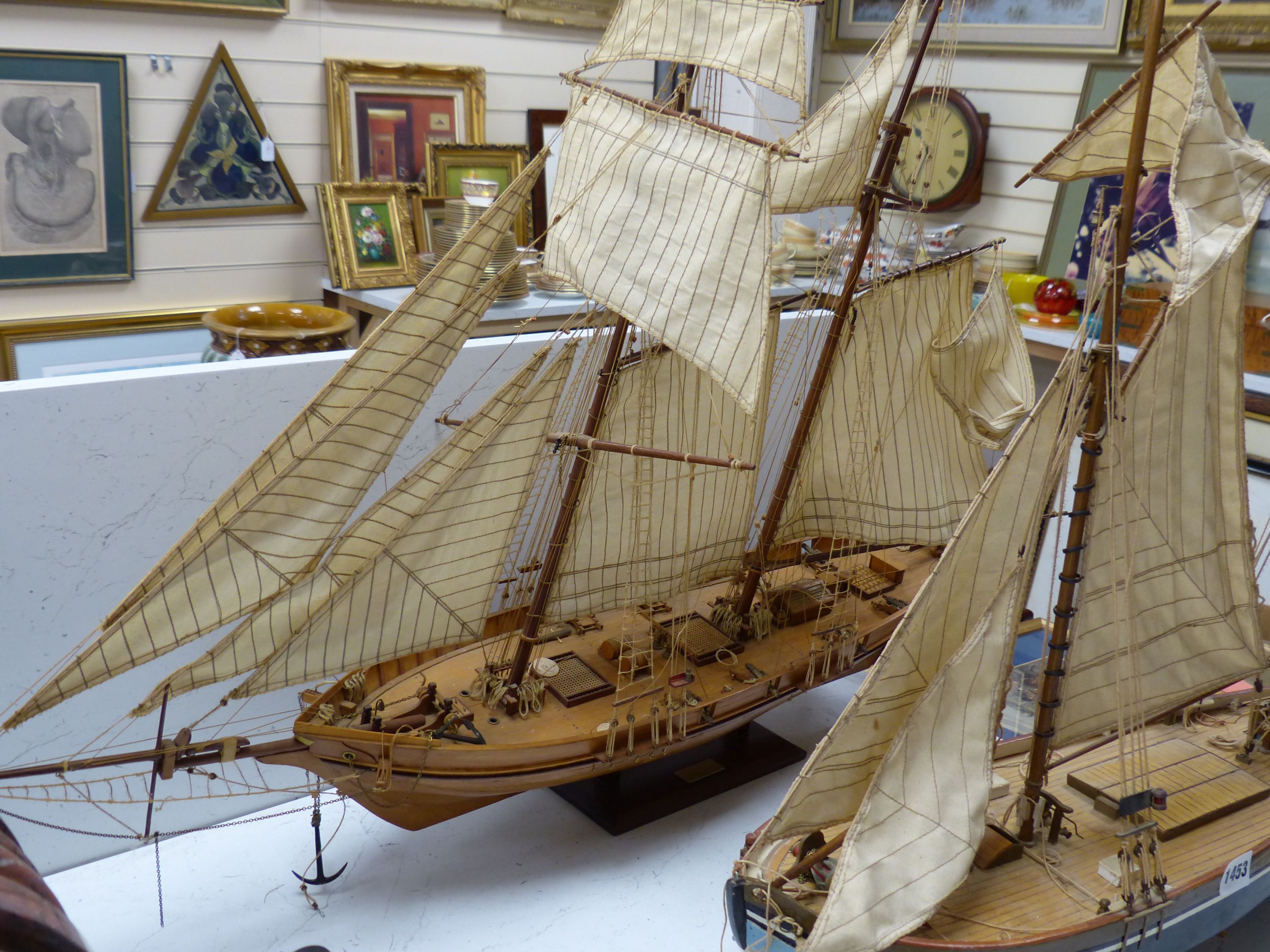 Two scratch built model boats, a clipper and a barge, larger 90 cm